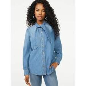 NEW! Scoop Chambray Blouse Tie Neck Long Sleeve Casual Blue - S